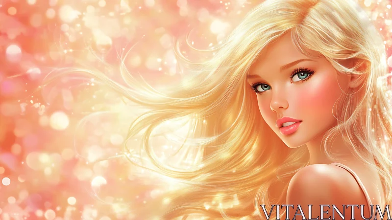 Radiant blonde portrait in glowing peach bokeh ambience.