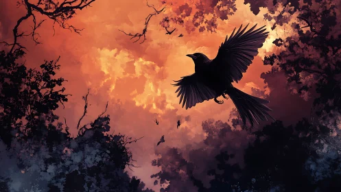 Midnight raven carves luminous paths through ember clouds