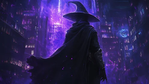 Midnight spellcaster wandering a glowing arcane library.