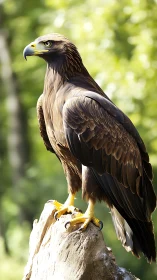 Golden eagle stands vigilant on sunlit forest perch