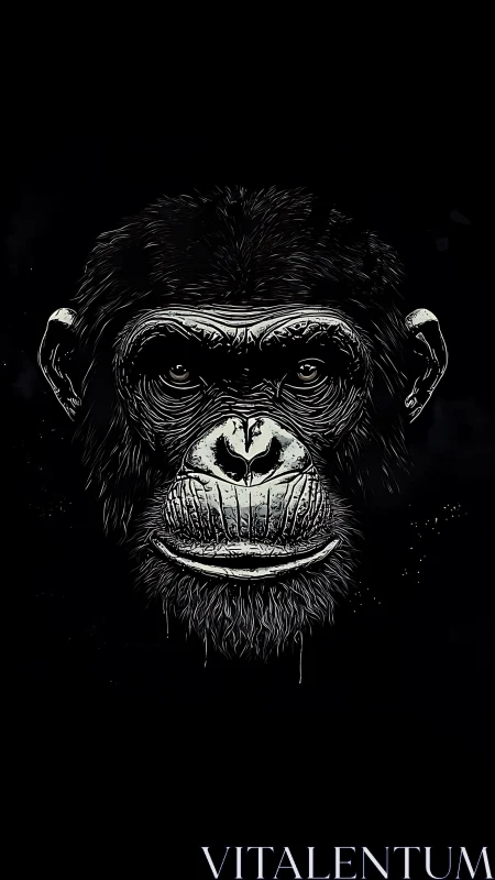 Bold chimpanzee portrait glows gently against deep black