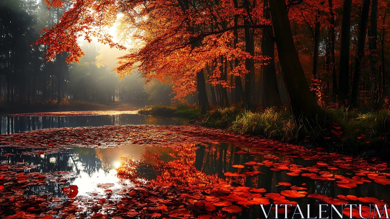 Crimson leaves choreograph light over a whispering forest pond