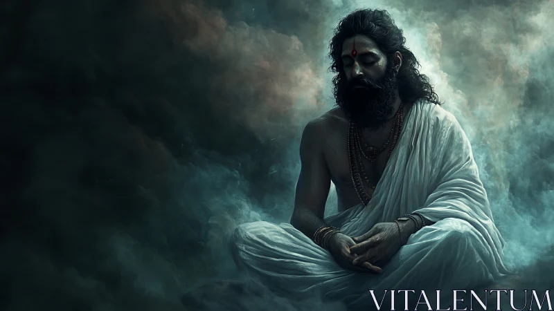 Mystic sage meditates in swirling teal and smoky light