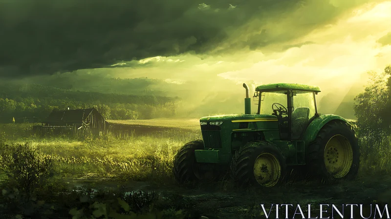 Sunlit green tractor resting quietly on a misty country farm.