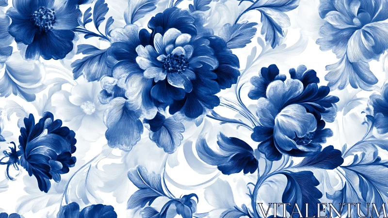 Blue and White Floral Tapestry. Classical Botanical Pattern.