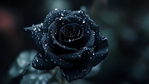 Close-up of dark black rose with raindrops on petals.
