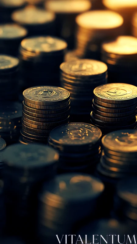 Stacks of shiny coins glow in warm golden evening light.