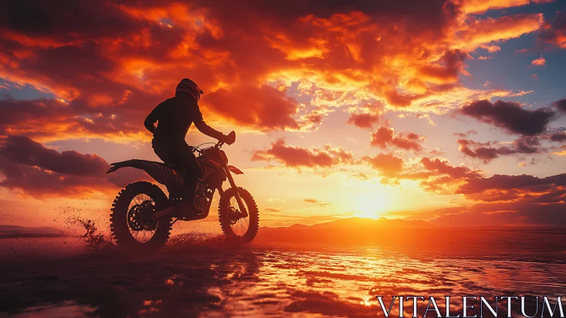 Silhouetted off-road motorcycle traversing tidal flats at sunset.