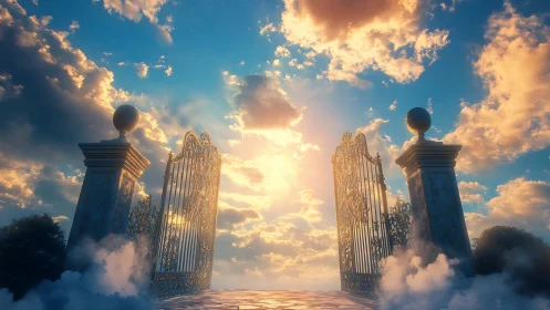 Golden ornate gates opening into bright cloudy sky.