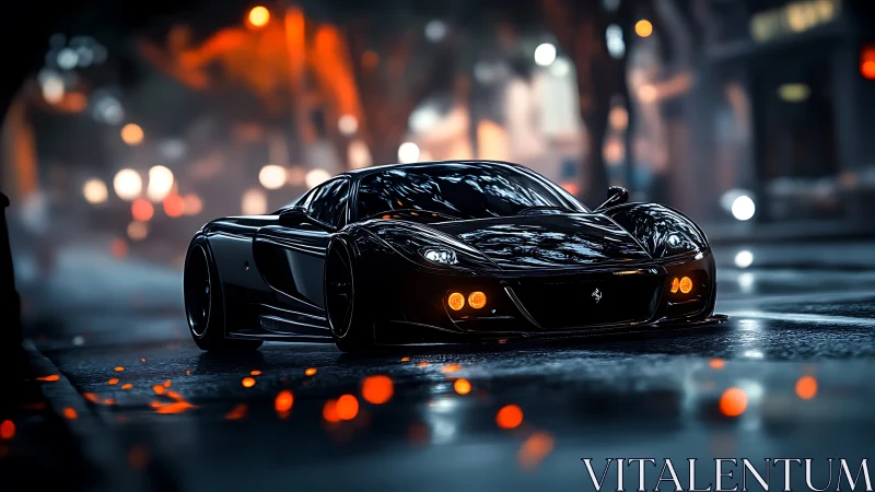 Low-slung black supercar rendered with wet asphalt reflections and bokeh