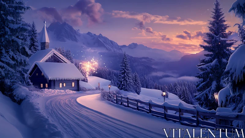 Snowlit chapel road curling into violet mountain hush.