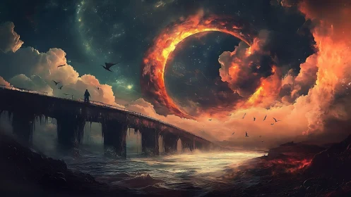 Bridge silhouette under fiery celestial ring and clouds.
