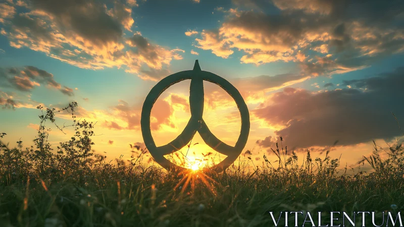Peace symbol sculpture glowing in warm sunset field.
