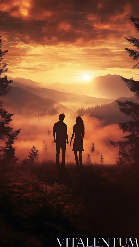 Silhouetted figures in misty mountain landscape at sunset.