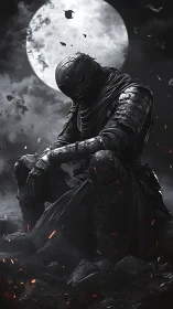 Armored figure seated under full moon in dark landscape.