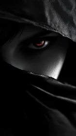 Hooded shadow reveals a single glowing crimson eye.