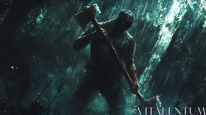 Rain-soaked forest slasher with dual bloodied axes in ambush
