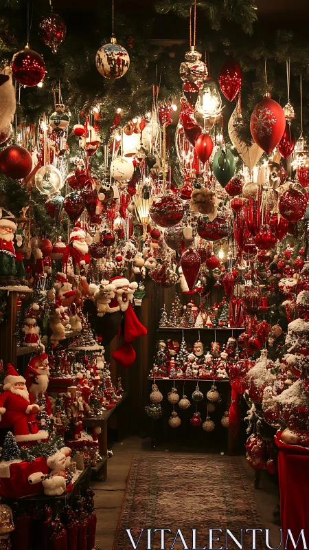 Dense Christmas ornament shop packed with red decor.