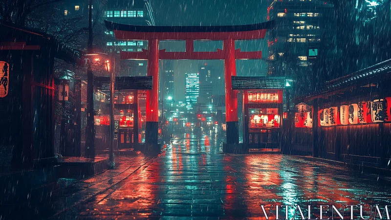 Neon rain drapes a torii gate in electric city twilight.