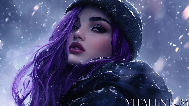 Purple-haired woman gazes through swirling winter snowfall.