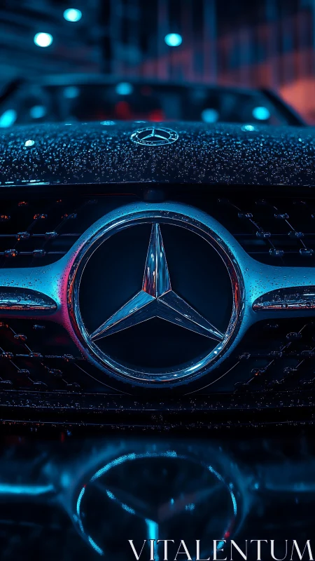 Moody night closeup of a sleek Mercedes front grille.