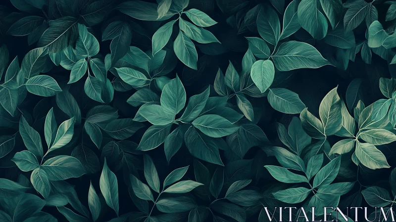 Dense teal foliage pattern with layered tropical leaves.
