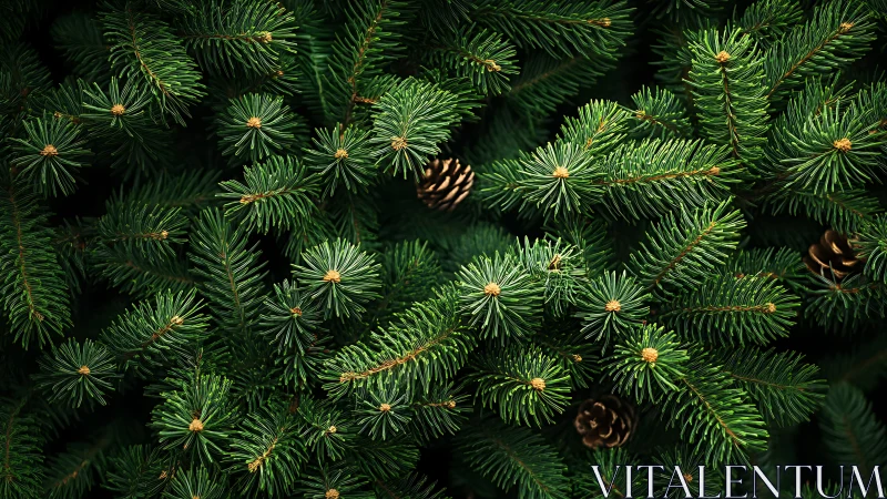 Dense evergreen conifer branches fill the entire frame