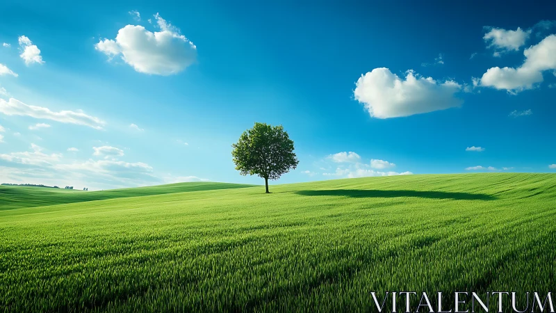Solitary tree on luminous green field under deep blue sky.