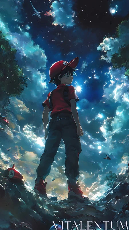 Star-drenched sky crowns a lone red-capped dreamer’s vigil