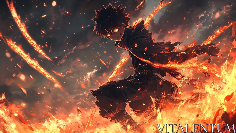 Anime fire-wielder in dynamic inferno composition, low angle.
