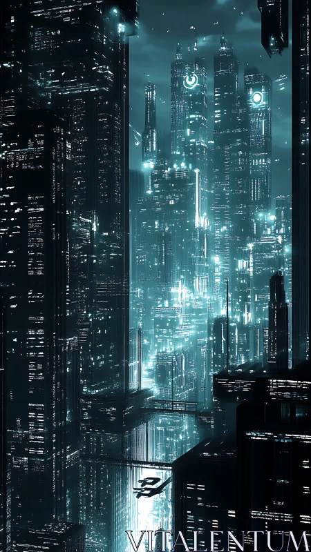 Futuristic vertical cityscape with teal illuminated towers.