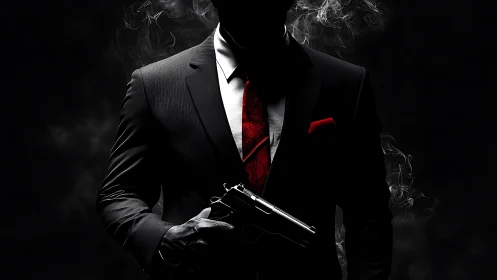Silhouetted man in suit holding handgun against dark smoke