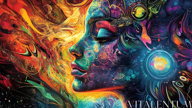 Digital painting of cosmic dual-color portrait in motion flow.