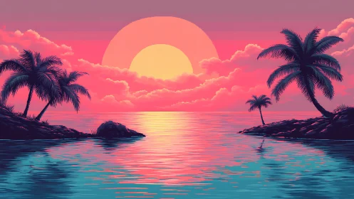 Neon sunset over tropical islands with reflective water.