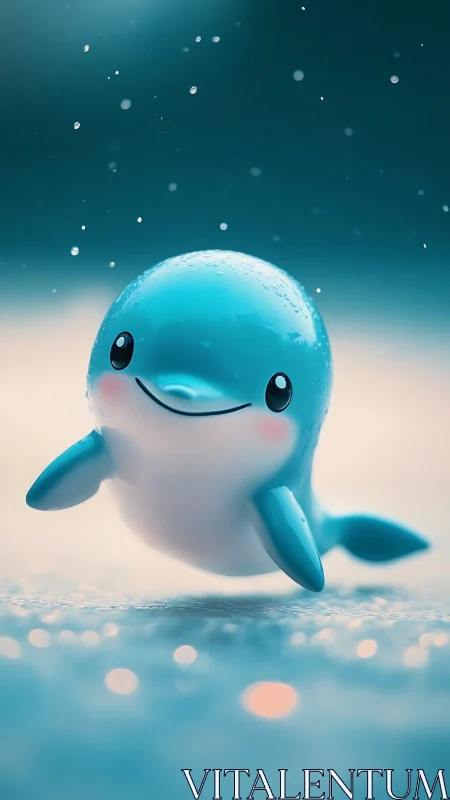 Cute blue dolphin character swims in glowing water.