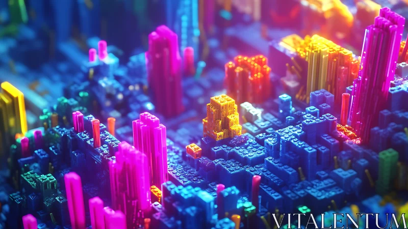Neon voxel cityscape pulses with luminous cyber energy