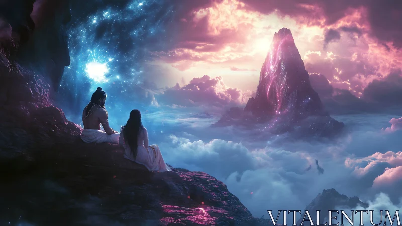 Divine couple watching glowing mystical mountain at sunset
