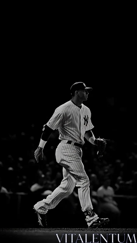 Monochrome spotlight isolates baseball infielder in motion.
