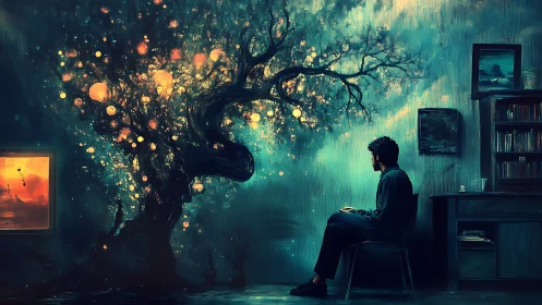 Surreal room with glowing dream tree before seated man.