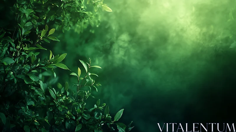 Lush Green Foliage with Soft Light and Misty Background.