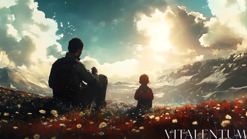 Backlit hikers observe alpine valley under cinematic skies.