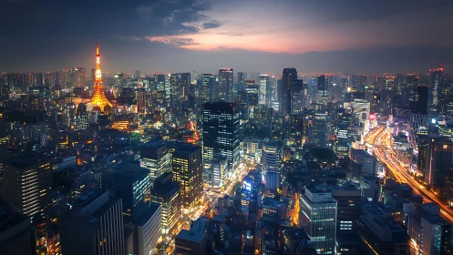 Tokyo skyline at dusk with illuminated tower and highways.