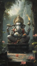 Ganesha sculpture seated in overgrown stone temple setting.