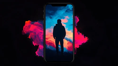 Silhouette stands inside smartphone framed by neon clouds