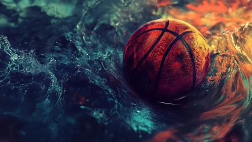 Molten basketball swirling through neon-lit turbulent water.