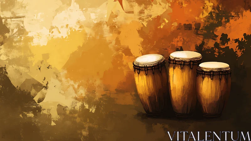 Three conga drums stand against an abstract ochre backdrop