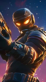 Starfield vigilante with ember eyes and neon armor stance.