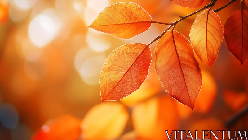 Orange autumn leaves in close-up against soft bokeh light.