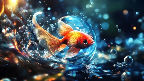 Goldfish suspended in dynamic water sphere environment.