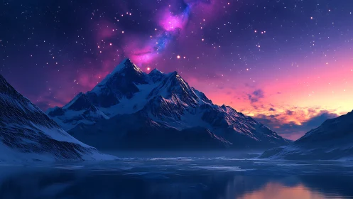 Starlit glacier peaks drinking in neon cosmic twilight.